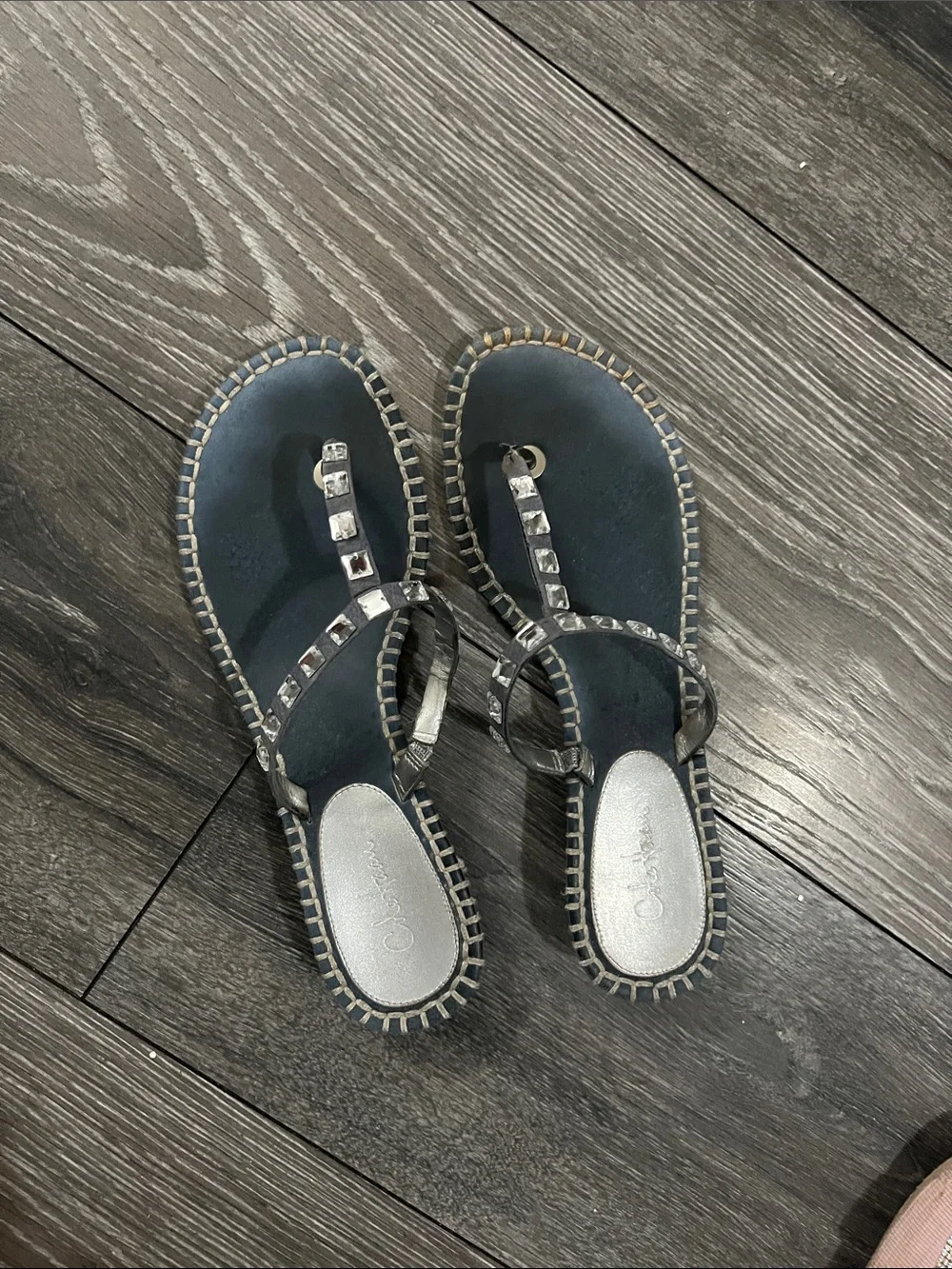 Cole Haan Navy Blue T-Strap Sandals with Square Studs